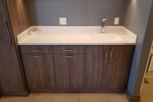 Solid surface countertop with a single basin sink for a bathroom in Springfield, IL.