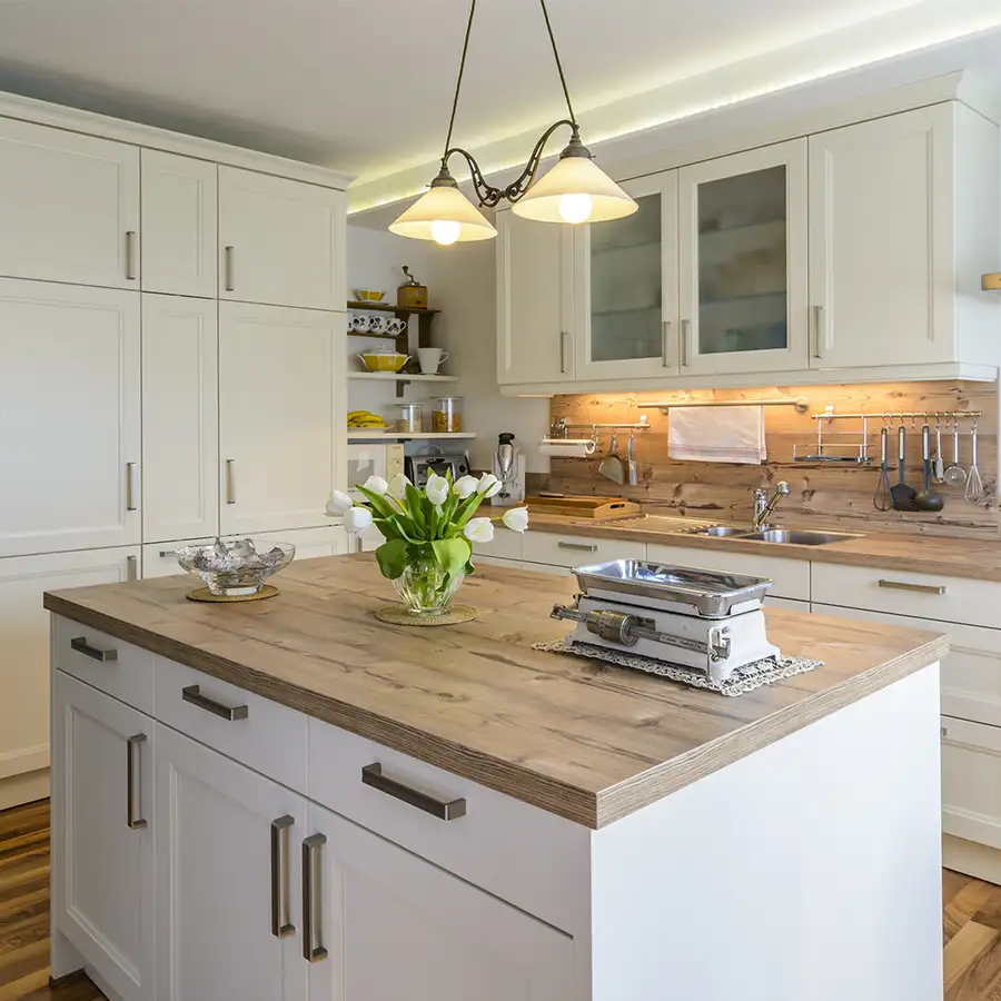 modern country kitchen, butcher block countertops and kitchen island, natural wood - Springfield, IL