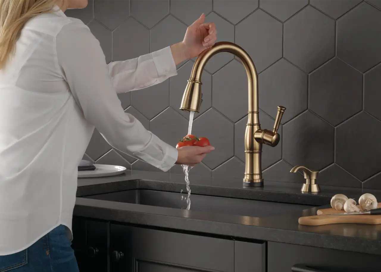 DELTA Single Handle Pull-Down Kitchen Faucet with Touch2O Technology and Soap Dispenser in Champagne Bronze - Springfield, IL