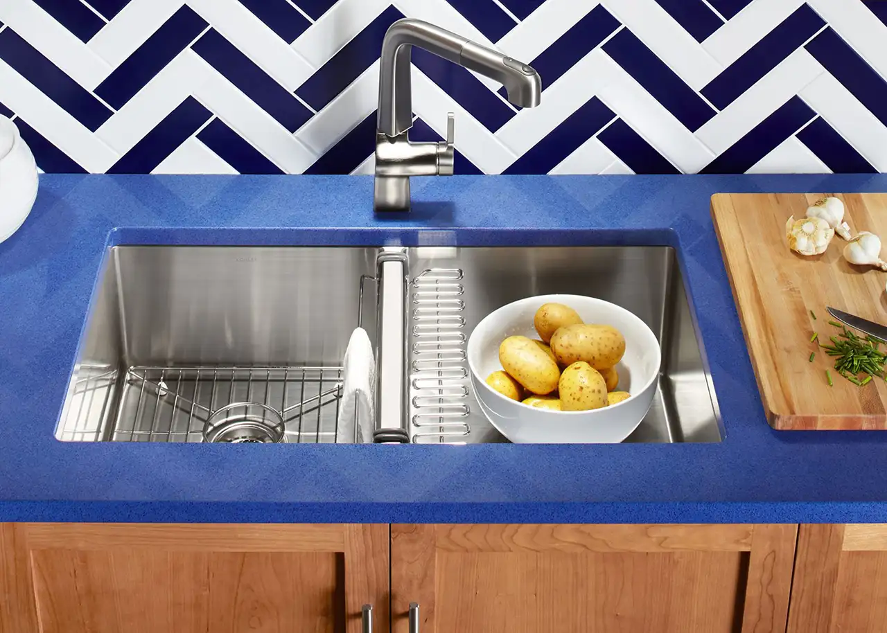 KOHLER sink - Strive Smart Divide 32" undermount double-bowl kitchen sink set with blue laminate countertop - Springfield, IL