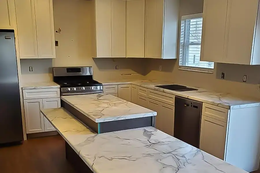 A Formica Calcutta marble countertop and island in the home of a Springfield, IL resident.