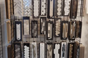 A wall full of different backsplash tile options in Ray’s Countertop Shop, Inc. in Springfield, IL.