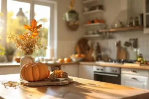 RAY’S COUNTERTOP SHOP, INC. —Autumn kitchen interior with wooden table, pumpkins, and autumn leaves on the background of a modern home in Central IL.