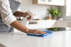 Ray’s Countertop Shop, Inc. —A woman in an apron cleaning her kitchen countertop in her Springfield, IL home.