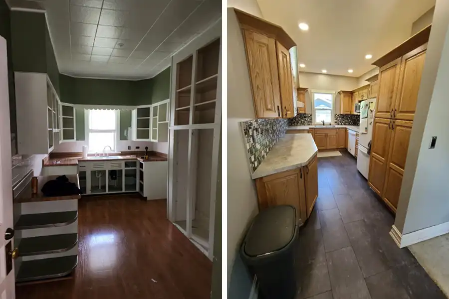 A “Before & After” image of a kitchen project by Ray’s Countertop Shop, Inc. in Central Illinois, showcasing the process of countertop and backsplash installation.