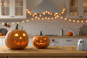 Ray’s Countertop Shop, Inc. —A kitchen countertop in Central IL, decorated for Halloween with lights, pumpkins, and a ghost.